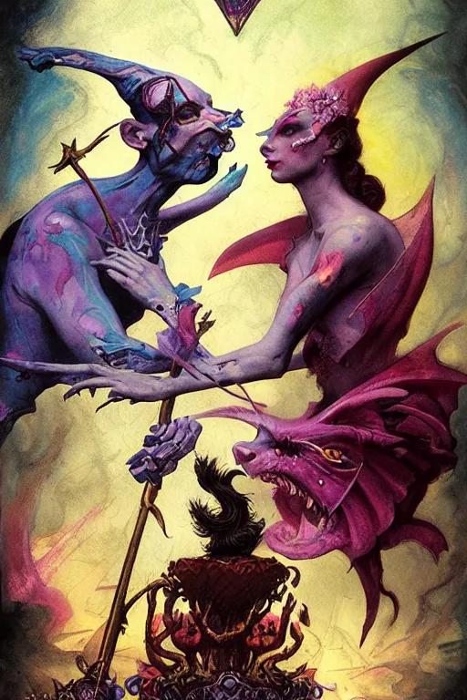 Image similar to an illustrated tarot card of The lovers based on the original rider waite tarot deck, full of colors, evil, satanic, high contrast, on old paper, insane details, concept art, elegant, unreal 5, CGSociety, hyperrealistic, octane render, by Peter Mohrbacher and Greg Rutkowski and brian froud and Craig Mullins, RPG portrait, dynamic lighting