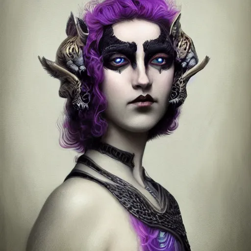 Prompt: tom bagshaw, soft painting portrait fractal curiosities carnival, very beautiful female mutation tigress in full ornated nightshade gothic armor, accurate features, focus, very intricate ultrafine details, black white purple volumetric clouds, award winning masterpiece, octane render 8 k hd