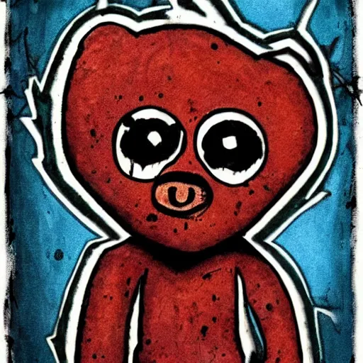 Prompt: grunge cartoon drawing of a teddy bear with bloody eyes by - danny phantom, loony toons style, horror theme, detailed, elegant, intricate