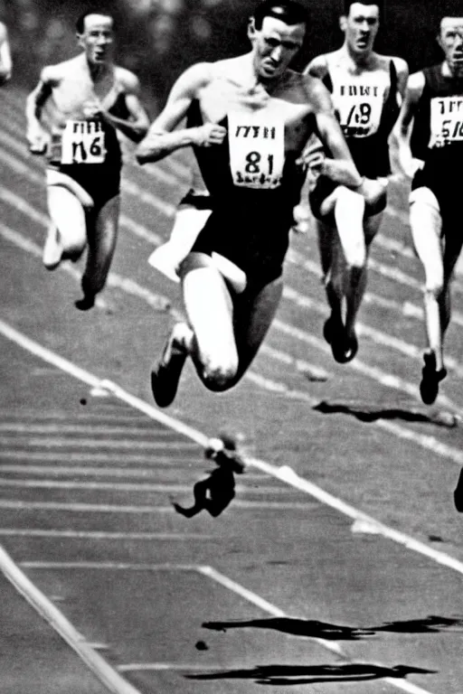 Prompt: Louis zamperini races against emperor Hirohito in the 400 meter,in the style of laurel and hardie