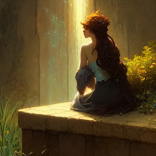 Prompt: A young woman sitting on a stone wall surrounded by water and glowing with light, intricate, delicate, elegant, highly detailed, digital painting, artstation, concept art, smooth, sharp focus, illustration, art by Krenz Cushart and Artem Demura and alphonse mucha