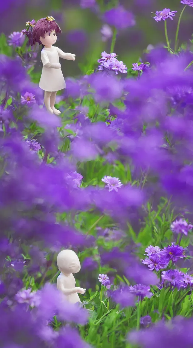 Image similar to tiny angel in a garden, hyper detailed, sharp focus, bokeh, unreal engine, ray tracing, cute, fantasy, sci fi, purple flowers, blue flowers, violet flowers, glowing flowers, tiny, small, hyper realistic, sky, spinning rings with eyes