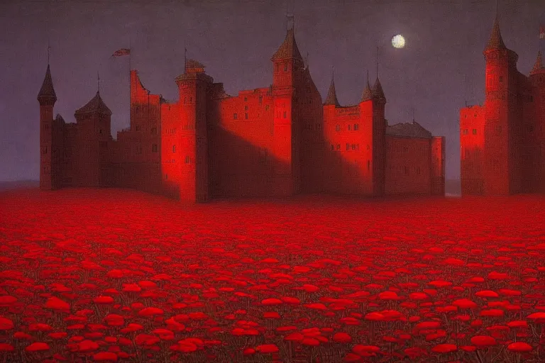 Prompt: only with red, red flowers, a crimson tiger, a castle in the background, medieval demons, an ancient path in the style of beksinski, part by hopper, part by rodcenko, part by hofbauer, intricate composition, red by caravaggio, insanely quality, highly detailed, masterpiece, red light, artstation