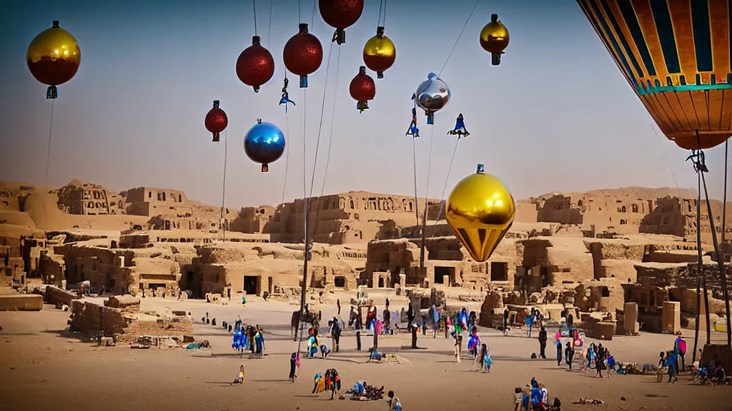 Prompt: large colorful futuristic space age metallic steampunk balloons with pipework and electrical wiring around the outside, and people on rope swings underneath, flying high over the beautiful ancient egyptian city landscape, professional photography, 8 0 mm telephoto lens, realistic, detailed, photorealistic, photojournalism