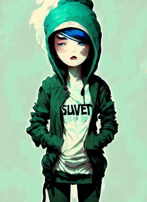 Image similar to highly detailed portrait of a sewer punk lady student, blue eyes, hoodie, cloudy curly white hair by atey ghailan, by greg rutkowski, by greg tocchini, by james gilleard, by joe fenton, by kaethe butcher, gradient green, black, brown and cyan color scheme, grunge aesthetic!!! ( ( graffiti tag wall background ) )