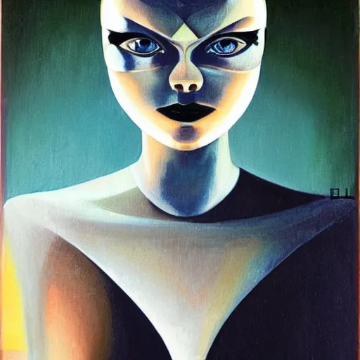 Image similar to Art Deco painting of a cybernetic Elle Fanning