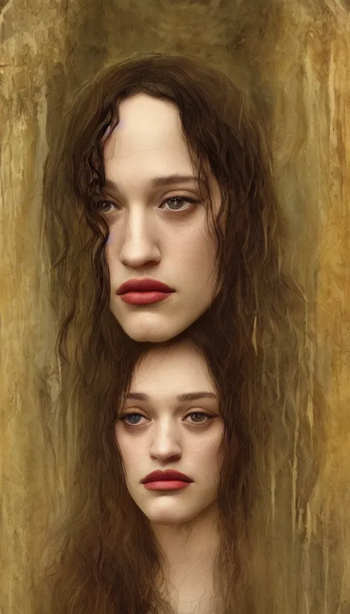 Prompt: Concept Art of cinematography of Terrence Malick film stunning portrait of featuring Kat Dennings as an ancient babylonian priestess, by Monia Merlo