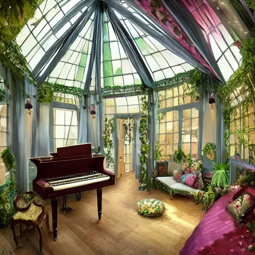 Prompt: a musical-themed bedroom in a victorian greenhouse treehouse. Pianos and instruments are in the bedroom. The bedroom is built in a giant oak tree, ornate, beautiful, atmosphere, vibe, flowers, concept art illustration, Greg rutowski, volumetric lighting, detailed