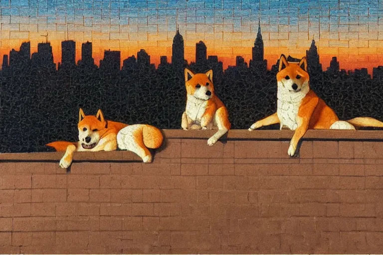 Image similar to painting of a shiba inu in a rooftop, watching new york, beautiful, sunset, romantic, by ludwig deutsch and maxfield parrish, patterned tilework, extremely detailed, cinematic lighting, smooth sharp focus