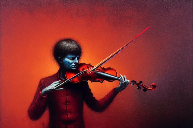 Image similar to surreal concept of the mystery musician with colored smoke playing a violin, in the style of rafał olbinski, in the style of beksinski, intricate and epic composition, red by caravaggio, insanely quality, highly detailed, masterpiece, purple light, artstation, 4 k