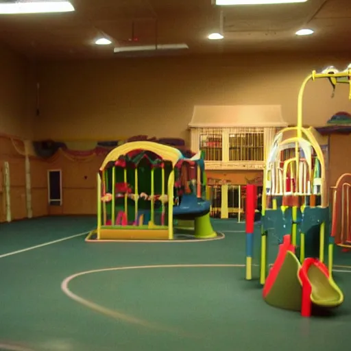 Prompt: a dimly lit indoor children's playground photo taken with a deposable camera limital space