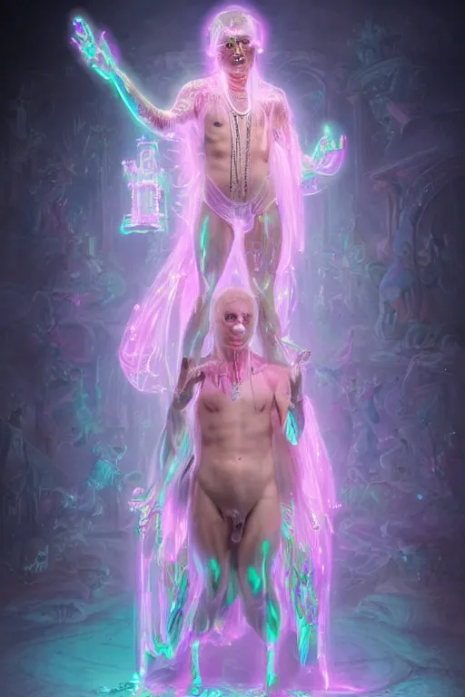 Image similar to full-body rococo and cyberpunk delicate neon crystalline sculpture of ((young muscular albino prince Sean Mendez)) as an iridescent humanoid deity wearing a thin see-through ((plastic hooded cloak)) (holding a human skull) in a white castle dungeon, reclining con (((las piernas abiertas))), glowing pink face, crown of (pink lasers), large blue diamonds, swirling black silk fabric. futuristic elements. oozing glowing liquid, full-length view. space robots. intricate artwork by caravaggio. Trending on artstation, octane render, cinematic lighting from the right, hyper realism, octane render, 8k, depth of field, 3D