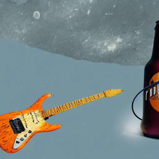 Prompt: photo of an idle realistic electric guitar and an idle realistic beer can next to one another on the moon surface. detailed