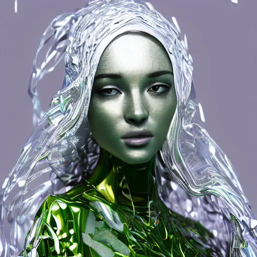 Image similar to a highly detailed digital image of a silver covered elegantly posed futuristic woman beautifully cocooned in green leafy foliage like leaves shot, full body shot, by Andrew Chiampo, artstation, and Frederik Heyman, extremely detailed woman, stunning volumetric lighting, hyper realism, fantasy 4k