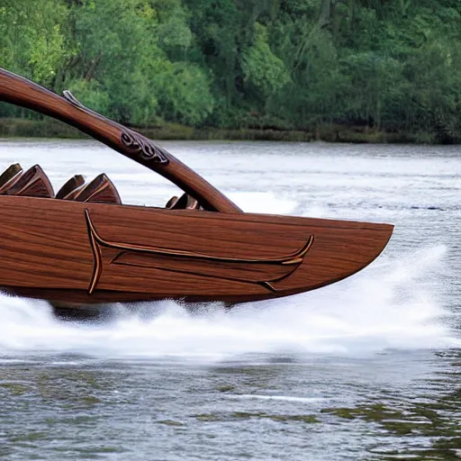 Image similar to speedboat that looks like a viking ship sailing down a river