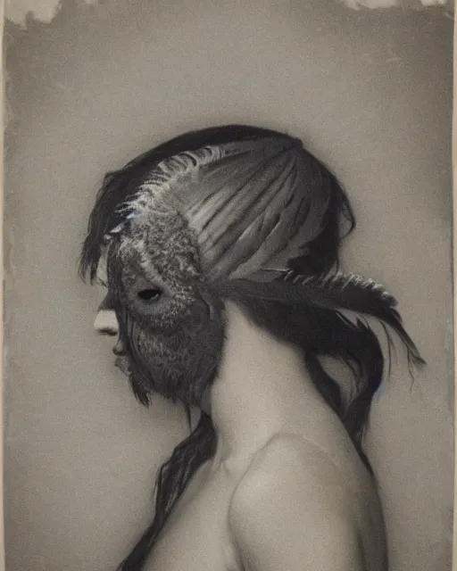 Image similar to a woman's face in profile, made of owl feathers, in the style of the dutch masters and gregory crewdson, dark and moody