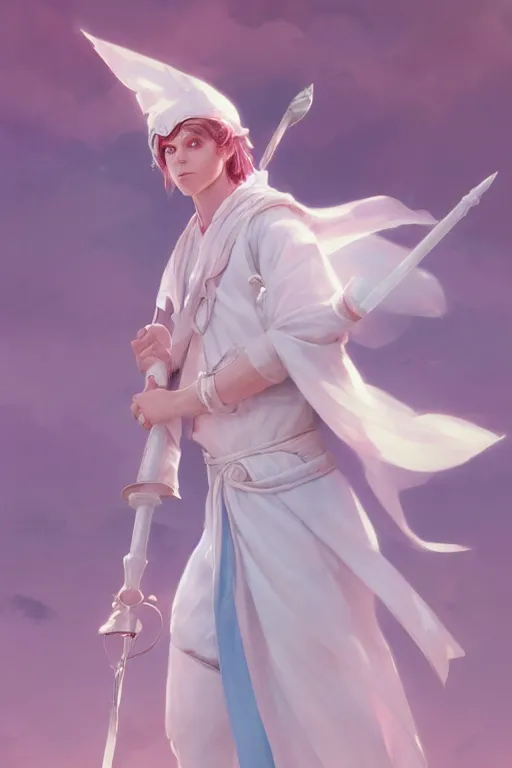 Image similar to portrait of a cute white mage boy with a staff in mage armor, soft, pink and blue, by tom bagshaw and atey ghailan and artgerm and and greg rutkowski, hyper realistic, octane render, trending on artstation