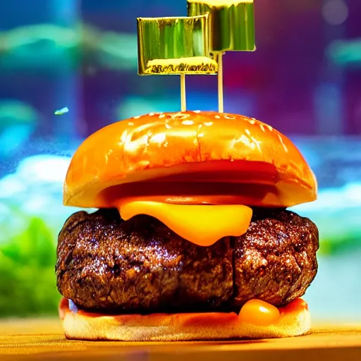 Image similar to a juicy hamburger in a giant aquarium filled with coke, 8 k resolution, studio lighting, sharp focus, professional food photography, hyper - detailed