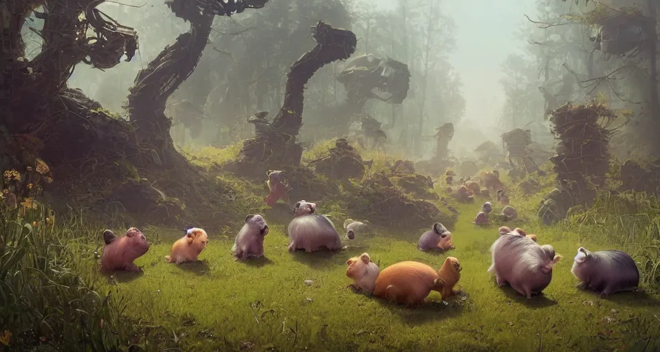 Image similar to a realistic cute guineapigs everywhere, by simon stalenhag, frank frazetta, greg rutkowski, beeple, yoko taro, christian macnevin, beeple, epic fantasy character art, volumetric outdoor lighting, midday, high fantasy, cgsociety, cheerful colours, full length, exquisite detail, post - processing, masterpiece, cinematic