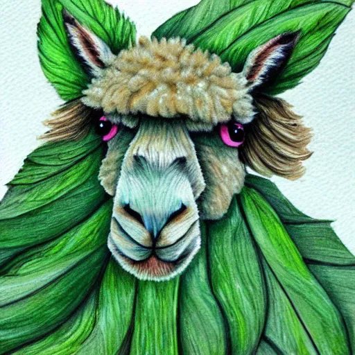 Prompt: copic paint of a alpaca face on a green leaf