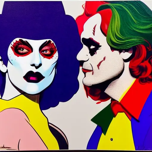 Prompt: richard hamilton and mimmo rottela as lady gaga harley queen and joaquin phoenix joker kissing, pop art, medium long shot, 2 color, justify content center, hyper detailed content, dynamic composition, 4 k, ultra realistic art, smooth, sharp focus, illustration, concept art, intricate details, h 7 6 8