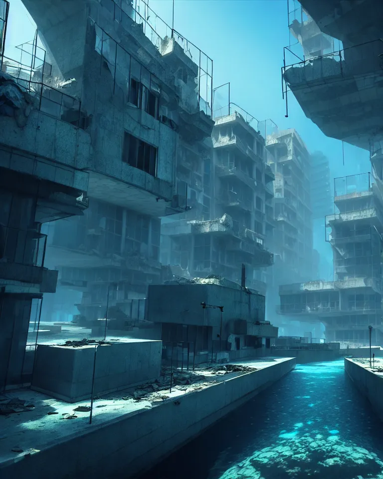 Image similar to an abandoned underwater Barcelona city, post-apocalyptic, metaphysical painting, cgsociety, rendered in unreal engine