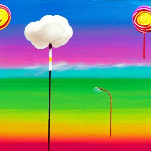 Prompt: a beautiful painting of a giant field made of cotton candy, a marshmallow shaped as a housed with a whipped cream as roof and candies as windows and lollipop as chimney, very colorful rainbow , saturated color , kid dream , 4K , warm , delicious ,sweet , maded by peter max