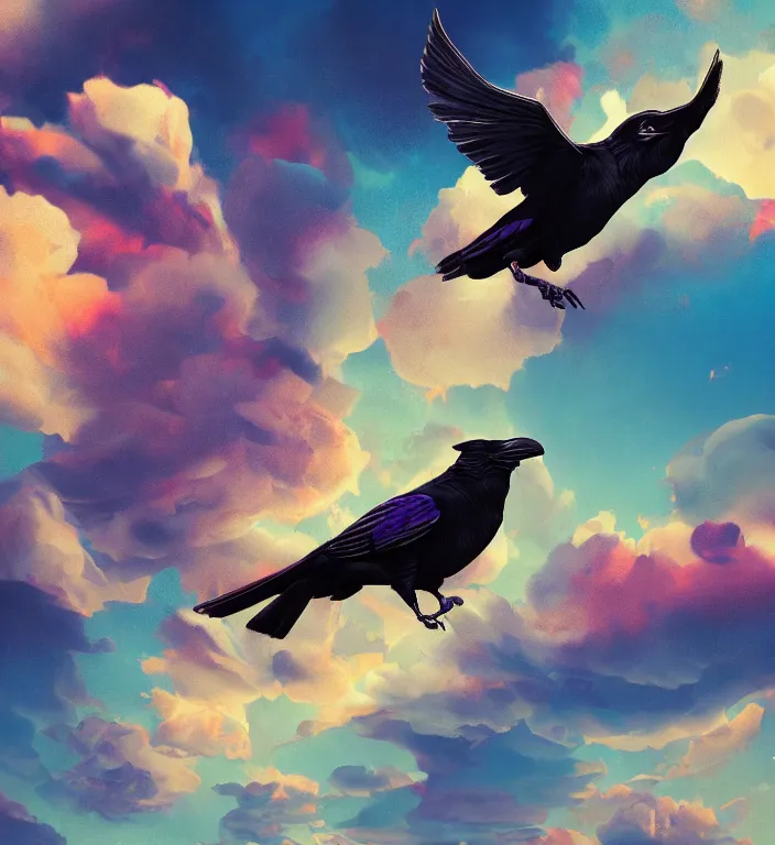 Image similar to raven bird, puma puffy clouds, james jean style, vfx art, unreal engine render, claymation style, colourful, volumetric light, digital painting, digital illustration, dramatic light,