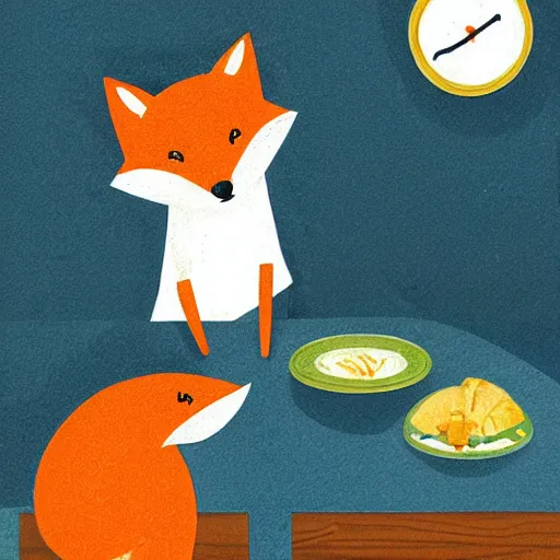 Prompt: storybook illustration of a small fox preparing a meal in his kitchen, soft colours, award-winning artwork