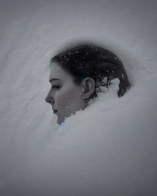 Image similar to a woman's face in profile, made of a snow capped Swiss mountain, in the style of the Dutch masters and Gregory Crewdson, dark and moody