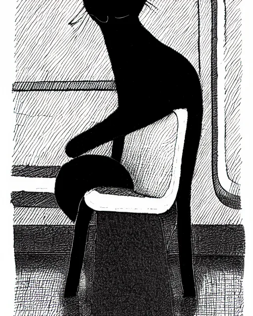 Image similar to a cat seated on the subway, cross-legged. White background. New Yorker cartoon. B&W. Black and white.