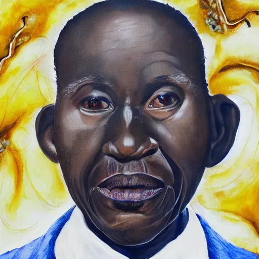 Prompt: a painting of a fatherly wide forehead, round face, XXL , loving, caring, generous, ever-present, humble, wise elder from Kenya in a suit by Wangechi Mutu . Fatherly/daddy, focused, loving, leader, relaxed,. ethereal lights, details, smooth, sharp focus, illustration, realistic, cinematic, artstation, award winning, rgb , unreal engine, octane render, cinematic light, macro, depth of field, blur, blue light and clouds from the back, highly detailed epic cinematic concept art CG render made in Maya, Blender and Photoshop, octane render, excellent composition, dynamic dramatic cinematic lighting, aesthetic, very inspirational, arthouse.