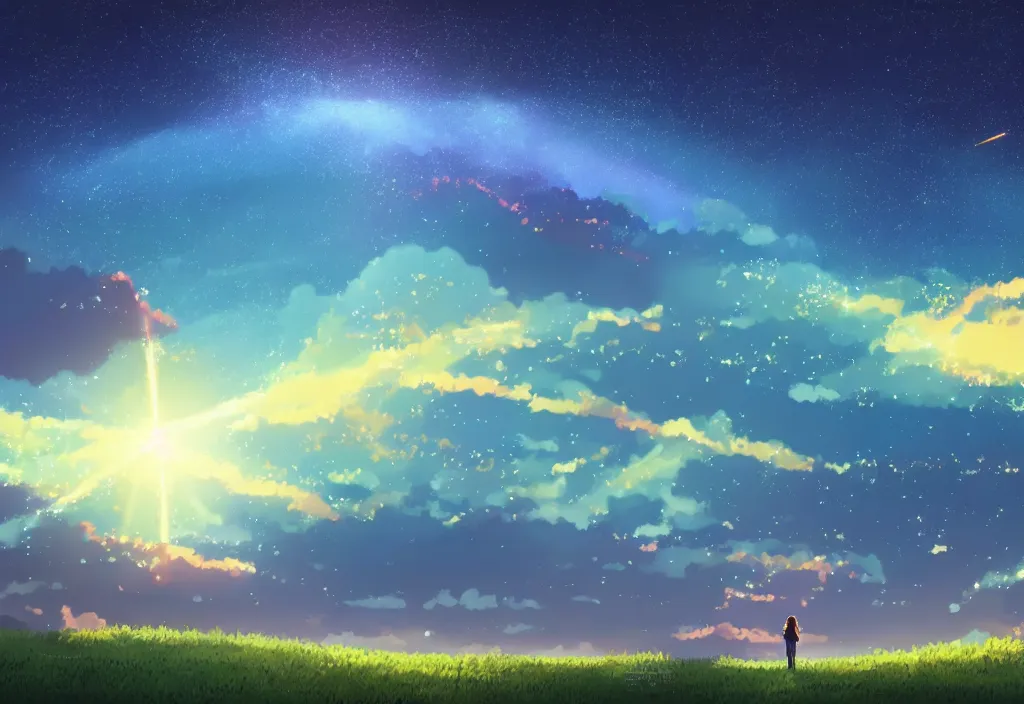 Prompt: breathtaking digital painting of the sky of kimi no na wa, by celestialfang, ghibli, pastel colors and shooting star in northern light love, lovers under skies