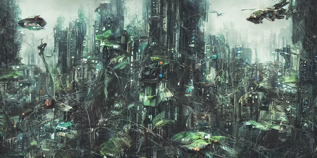 Image similar to future city covered by forest creature, flying, culture, smooth, crash, war, battle, cyberpunk, monster, gravity mess, by studio ghibli