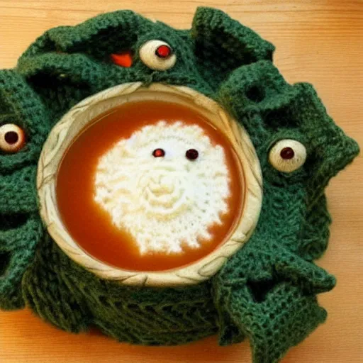 Prompt: a bowl of soup that looks like a monster, knitted out of wool