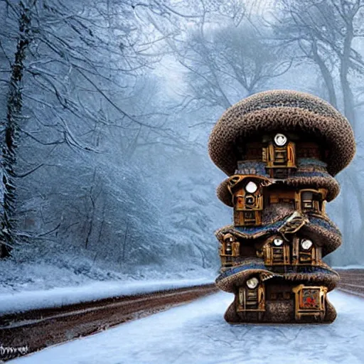 Prompt: a steampunk village built like a bie hive in a snowy forest , by Naoto Hattori,