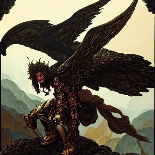 Image similar to painting of a fallen angel paladin with big burnt wings reaching the summit of a haunted mountain, sharp focus, award - winning, trending on artstation, masterpiece, highly detailed, intricate. art by rebecca guay