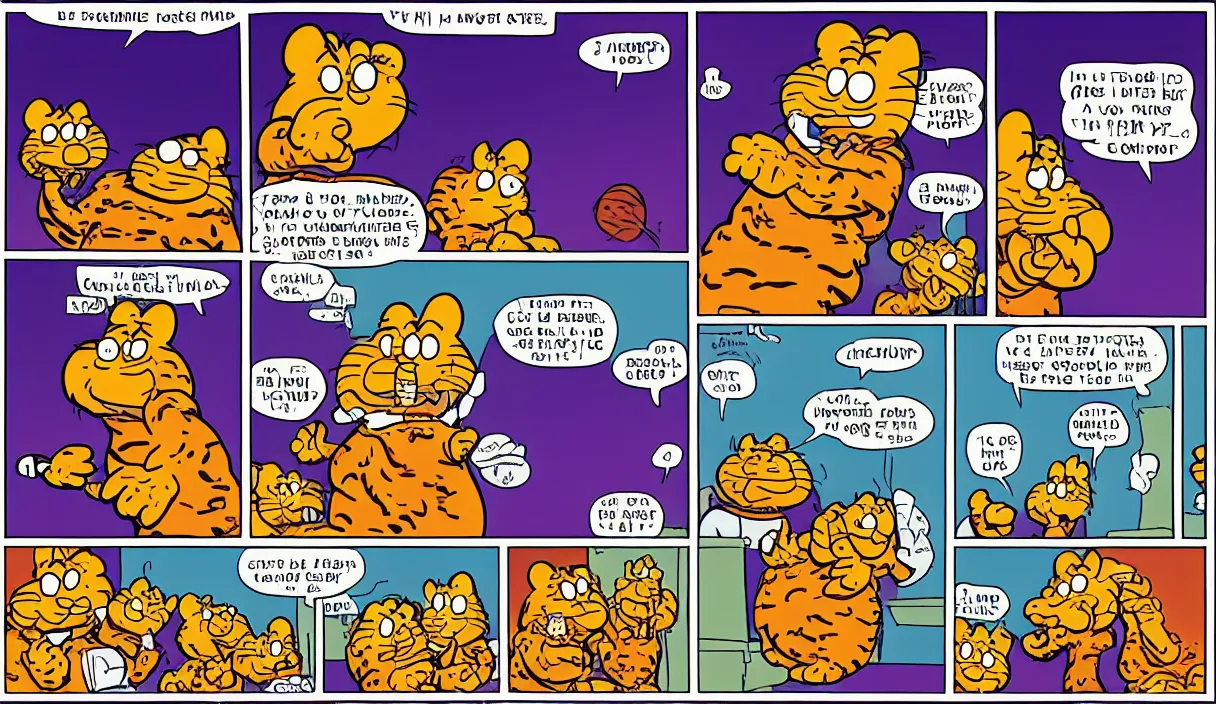 Image similar to garfield comic strip, 3 panels, illustrated by Jim Davis