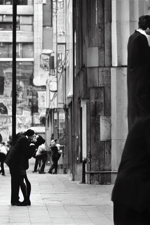 Image similar to street photo, couple of man and woman kiss on the background of the war, film photography, exposed b & w photography, christopher morris photography, bruce davidson photography, peter marlow photography