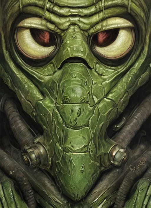 Prompt: power armor mf doom reptile eyes, green skin. intricate, elegant, highly detailed, centered, digital painting, artstation, concept art, smooth, sharp focus, illustration, artgerm, tomasz alen kopera, peter mohrbacher, donato giancola, joseph christian leyendecker, wlop, frank frazetta