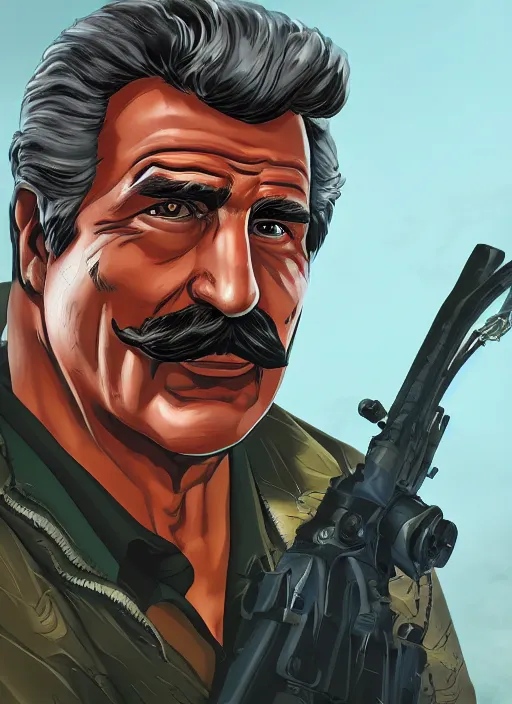 Image similar to A comic book style portrait painting of Magnum PI as a grim ranger in a post apocalyptic setting with bombarded broken trees, unreal 5, DAZ, hyperrealistic, octane render, RPG portrait, ambient light, dynamic lighting