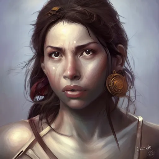 Prompt: beautiful, very strong, mixed race woman, middle aged, face, natural, no makeup, no tattoos, warrior, battle hardened, head shot, fantasy, highly detailed, digital painting, artstation, concept art, sharp focus, illustration, art by jodie muir and brom
