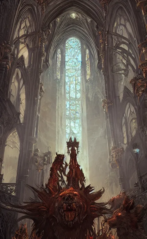 Prompt: scene, hellhounds guarding abandoned cathedral in hell, d & d, fantasy, intricate and very beautiful and highly detailed, elegant, digital painting, artstation, concept art, matte, smooth and sharp focus, illustration, art by tian zi and wlop and alsphonse mucha and artgerm and greg rutkowski