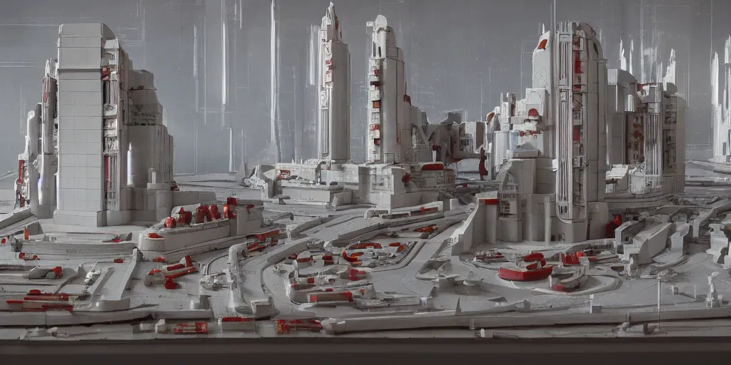 Image similar to Architectural model of a Soviet era science fiction set painted by James Jean, cinematography by Yo-Yo Ma, composition by Fritz Lang