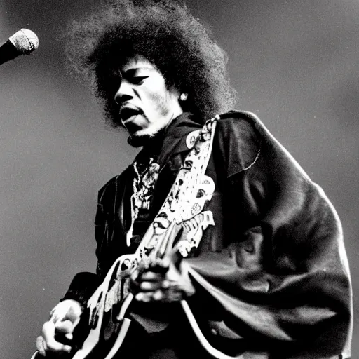 Image similar to jimi hendrix as the singer of black sabbath in a big stadium concert