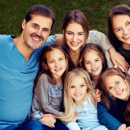 Prompt: photo of a father and his five daughters, very detailed faces, beautiful faces, high quality photograph, instagram