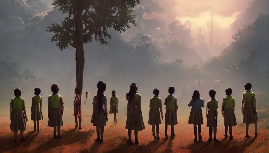 Prompt: kerala school kids wearing gender neutral uniform posing for a photo, an epic fantasy, dramatic lighting, cinematic, establishing shot, extremely high detail, photorealistic, cinematic lighting, artstation, matte painting by simon stalenhag, horizon forbidden west