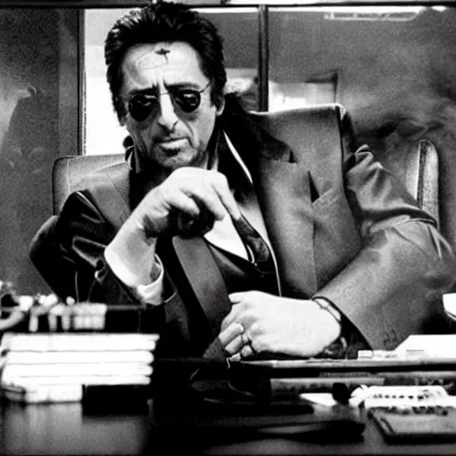 Image similar to al pacino as scarface playing video games at his desk, with a mountain of cocaine nearby