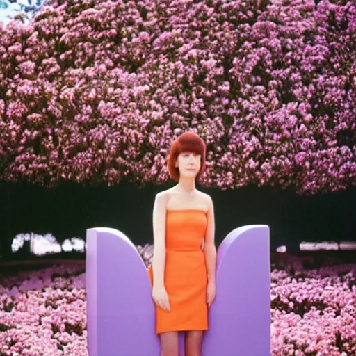 Image similar to sigma 8 5 mm f / 1. 4, monumental pale violet by slim aarons. a performance art of a young woman holding an orange