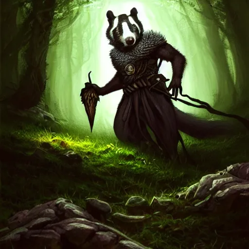 Image similar to Badger nature mage, portrait, forest, magic, magic the gathering artwork, D&D, fantasy, cinematic lighting, centered, symmetrical, highly detailed, digital painting, artstation, concept art, smooth, sharp focus, illustration, volumetric lighting, epic Composition, 8k, art by Akihiko Yoshida and Greg Rutkowski and Craig Mullins, oil painting, cgsociety